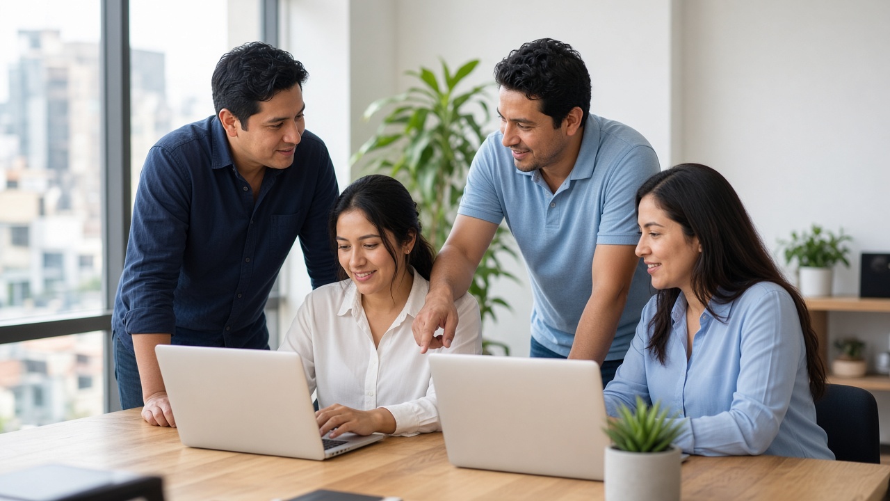 Equipo de trabajo en una oficina, revisando un proyecto en la computadora